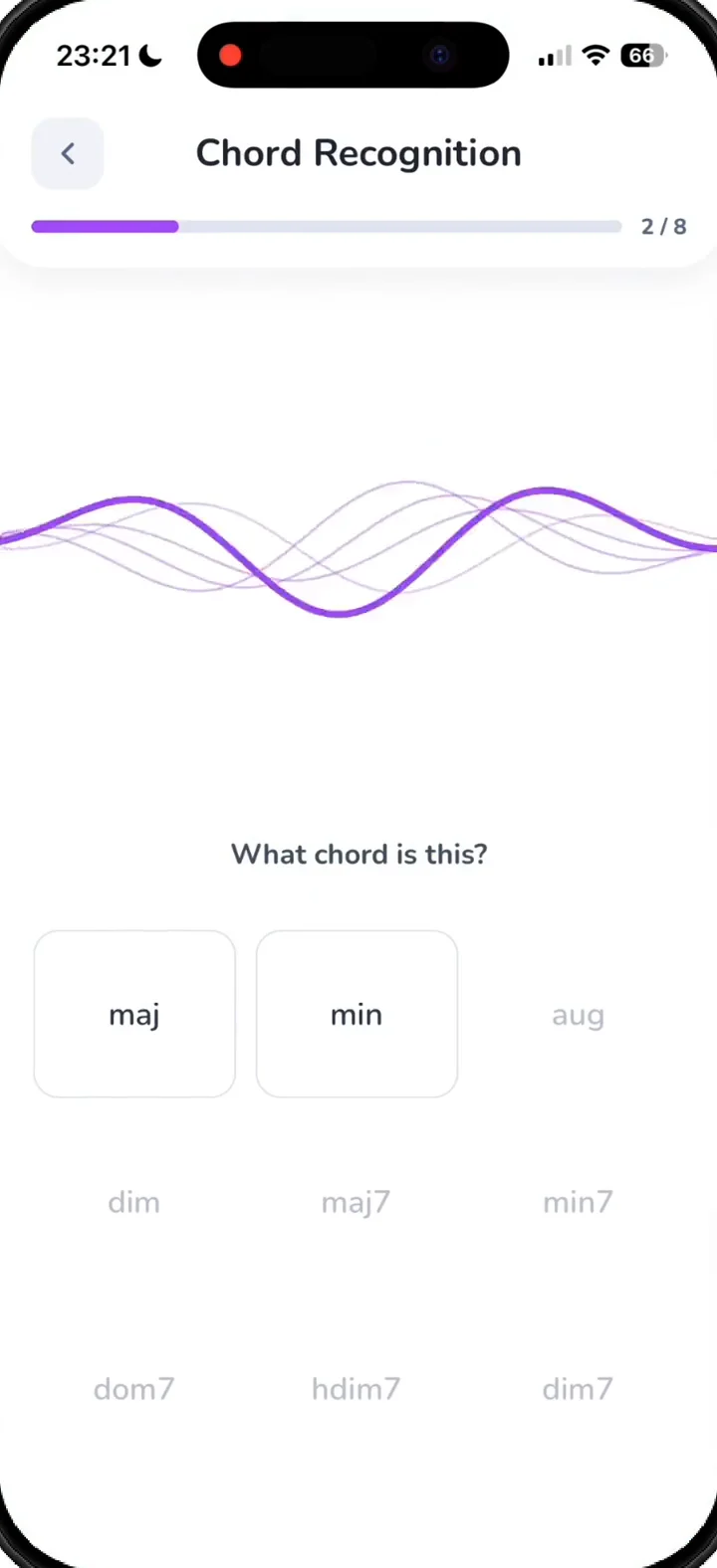 A Chord Recognition question: “What chord is this?” with chord qualities to choose from.