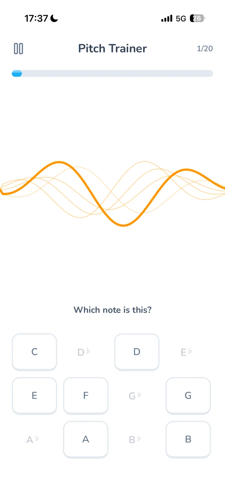 Pitch Trainer asking “Which note is this?” over a sound wave, with the twelve notes to choose from.