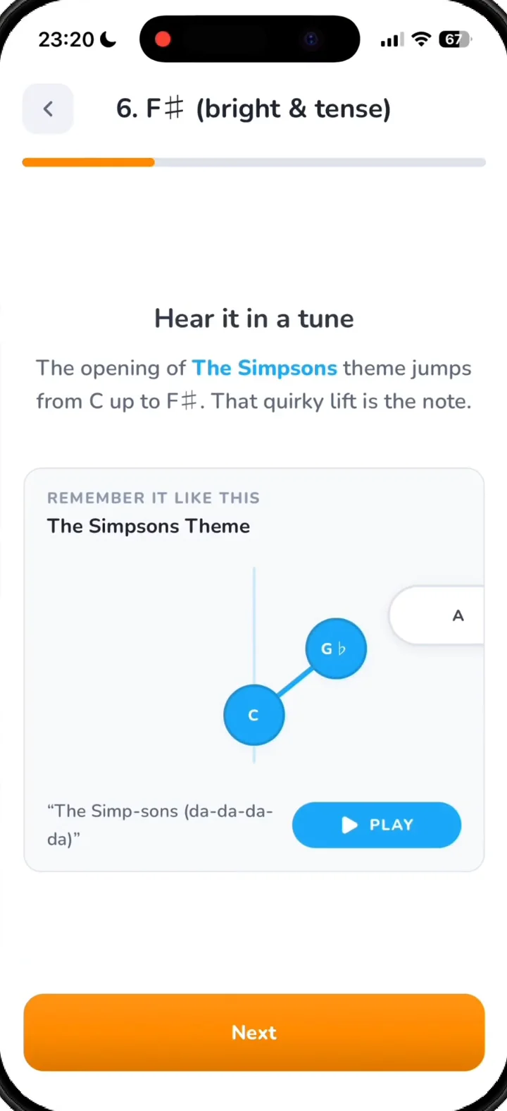 A lesson in the app: F sharp, remembered through the opening of The Simpsons theme.